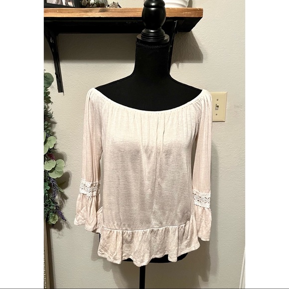 Altar’d State - Flowy Cream Off-Shoulder Top with Lace Trim Sleeves - Picture 1 of 4